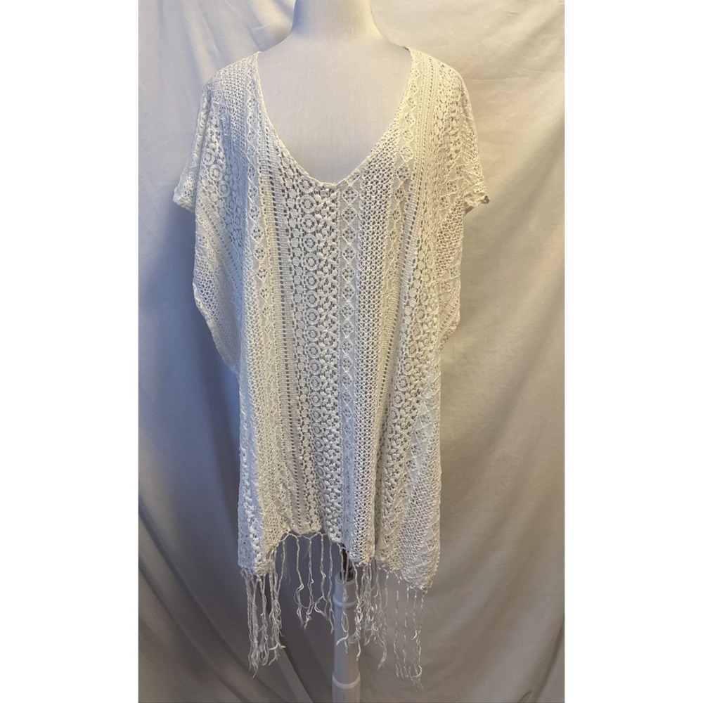 Express Crochet Sheer Open Lace Swim Cover Up Fringe Women's OS Beach Boho Chic